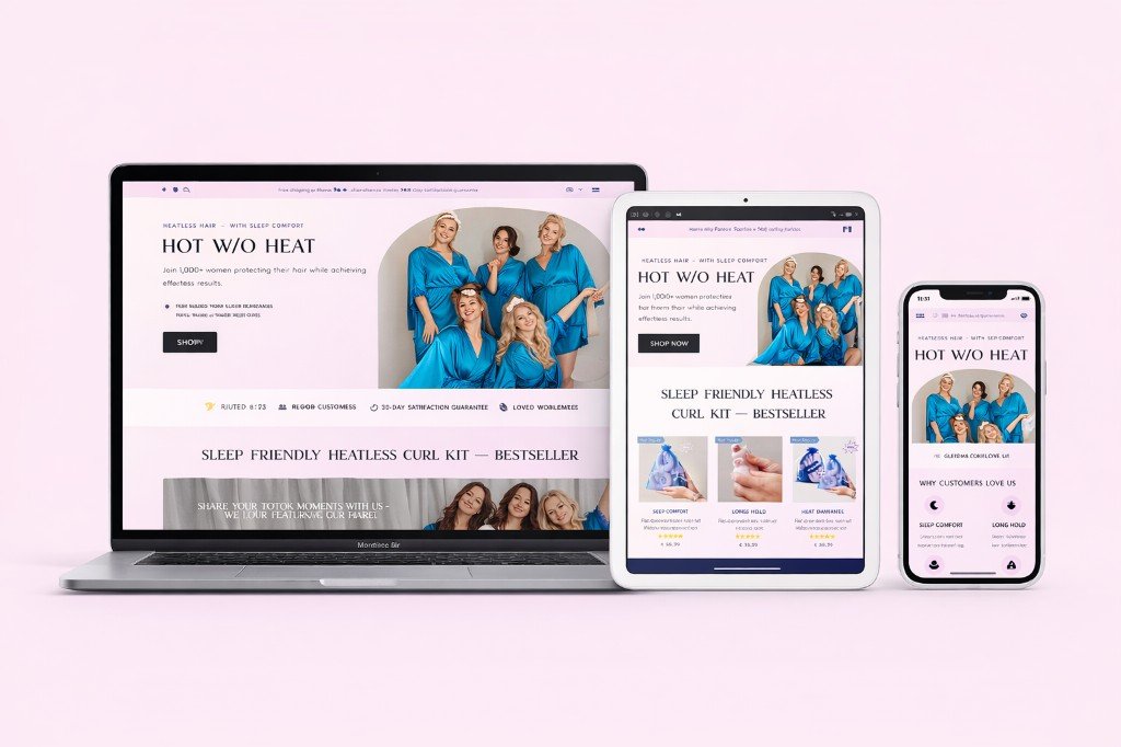 Responsive ecommerce website shown on a laptop, tablet, and phone